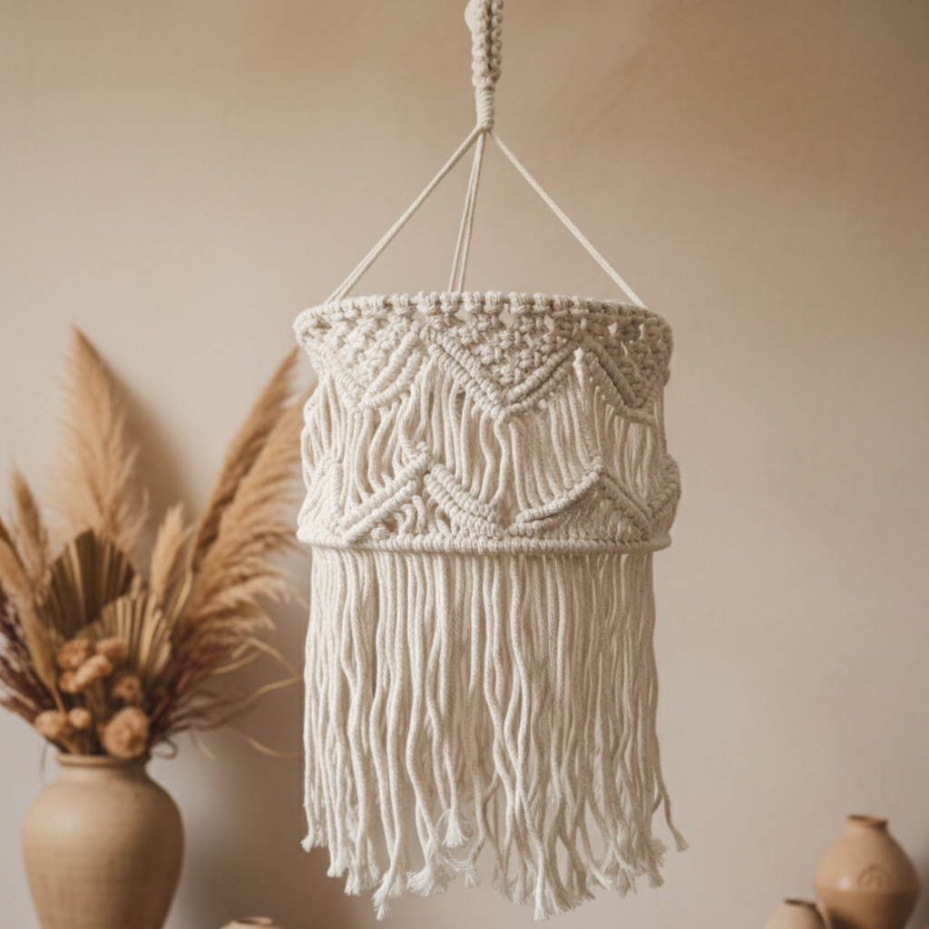 Horizonte Infinito — Candeeiro em Macramé com Luz Suave