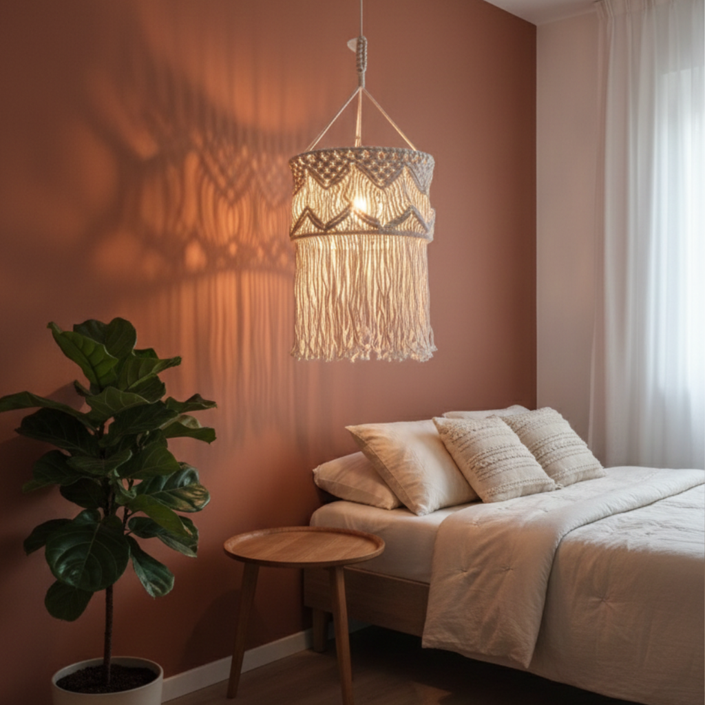 Horizonte Infinito — Candeeiro em Macramé com Luz Suave